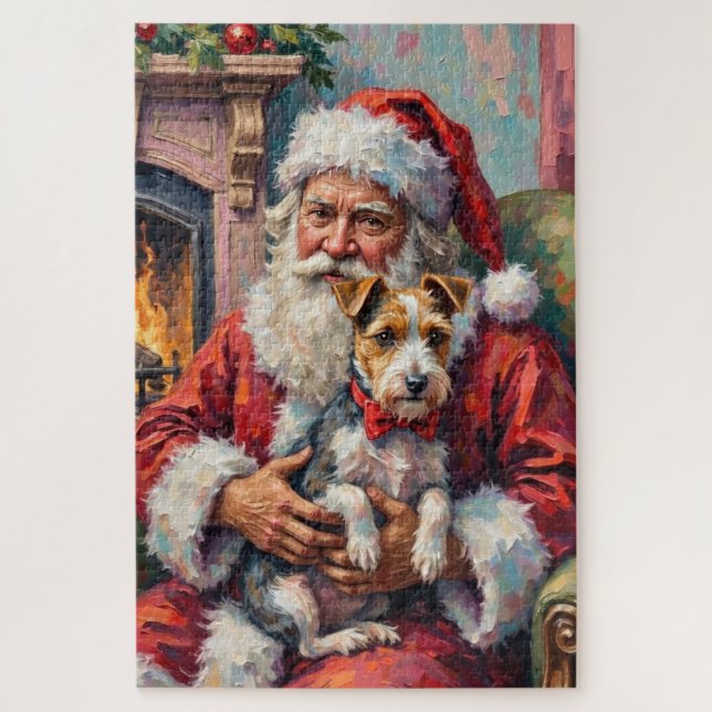 Santa Claus Holding Wirefox Terrier Christmas Art Puzzle (Vertikal)