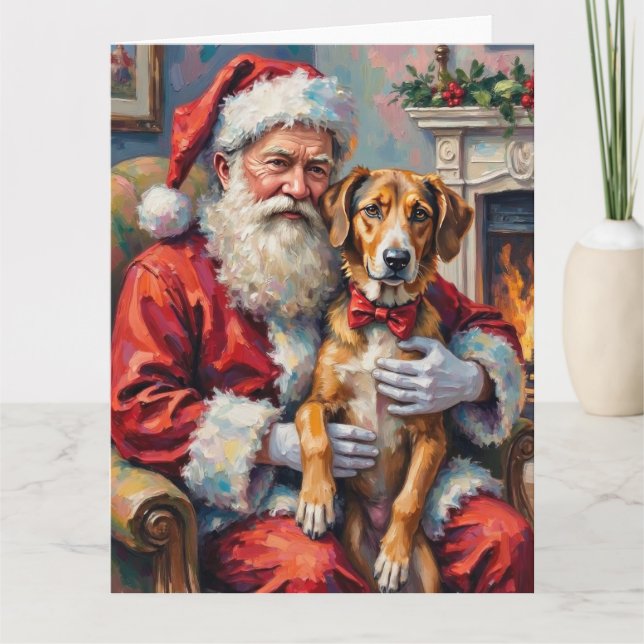 Santa Claus Holding Wolfhound Christmas Art Karte (Vorderseite)