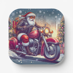 Santa Claus im Motormodus Pappteller