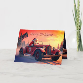 Santa Claus in einem Rennwagen  Feiertagskarte