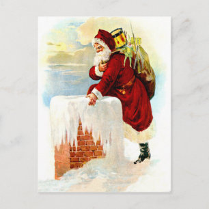 Santa Claus is coming through chimney with toys Postkarte