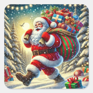 Santa Claus liefert Geschenke an einem schneebedec Quadratischer Aufkleber
