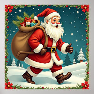 Santa Claus liefert Geschenke durch einen schneebe Poster