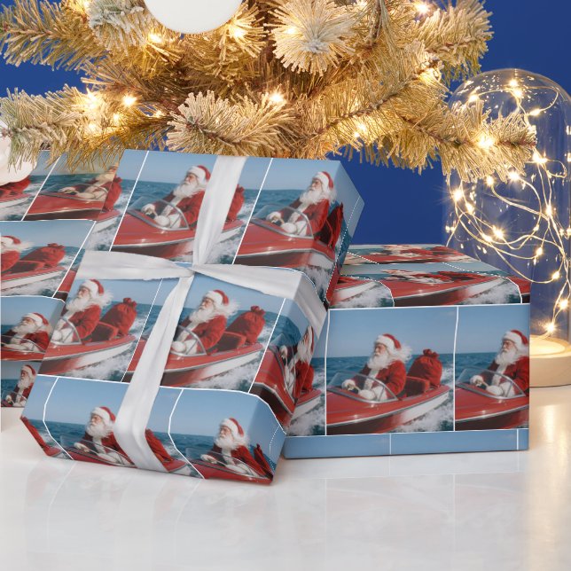 Santa Claus liefert Geschenke per Schnellboot Geschenkpapier (Feiertage)