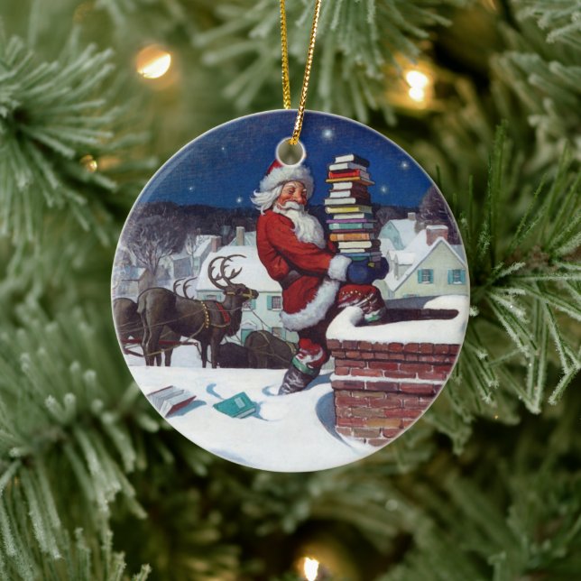 Santa Claus liefert Weihnachtsbücher Keramik Ornament (Baum)