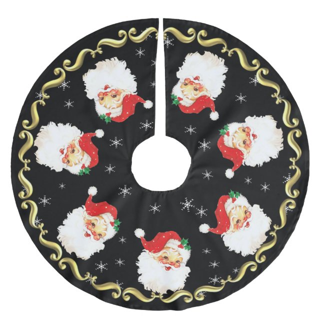 Santa Claus Mandala & Schneeflocken auf schwarz Polyester Weihnachtsbaumdecke (Vorderseite)