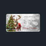 Santa Claus Merry Christmas Adressaufkleber<br><div class="desc">Er hat einen hübschen Kiefernkranz mit heiligen und roten Beeren um den Hals und einen schön dekorierten Weihnachtsbaum hinter sich.</div>