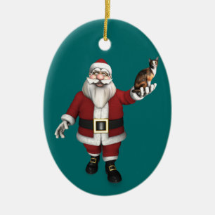Santa Claus mit Calico Cat Keramik Ornament