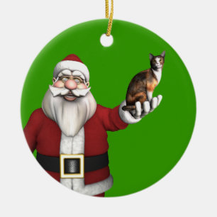Santa Claus mit Calico Cat Keramik Ornament