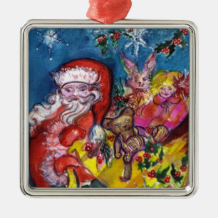 SANTA CLAUS MIT CHRISTMAS GIFTS UND TOYS SILBERNES ORNAMENT