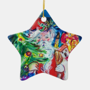 SANTA CLAUS MIT CHRISTMAS TREM UND GIFTS Red Ruby Keramik Ornament
