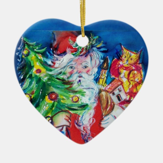 SANTA CLAUS MIT CHRISTMAS TREM UND GIFTS Red Ruby Keramikornament (Vorne)