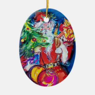 SANTA CLAUS MIT CHRISTMAS TREM UND GIFTS Red Ruby Keramikornament