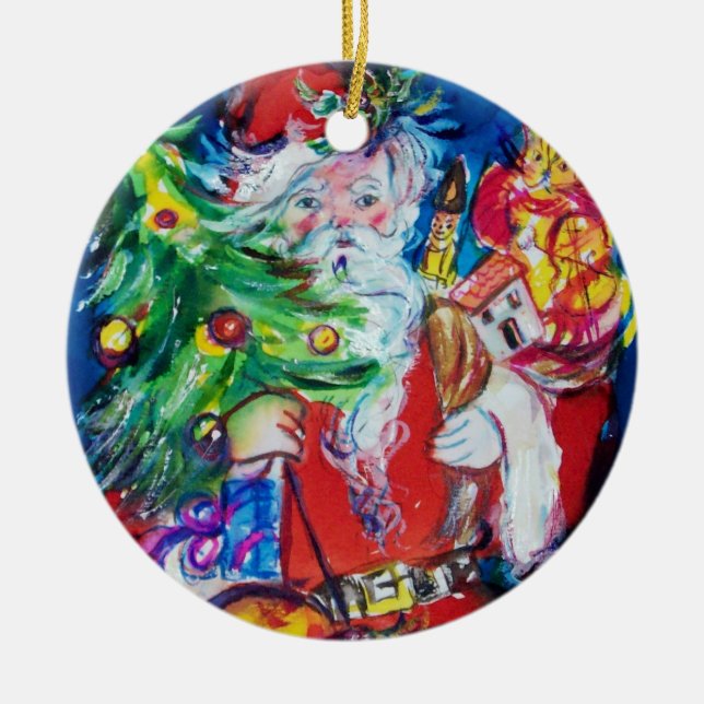 SANTA CLAUS MIT CHRISTMAS TREM UND GIFTS Red Ruby Keramikornament (Vorne)