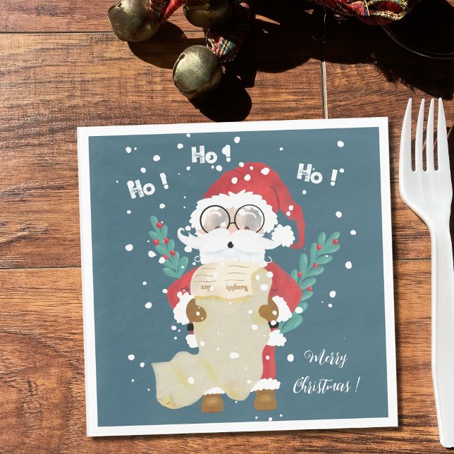 Santa Claus mit dem Blue Holiday Paper Napkin Serviette (Cute Santa Claus with list blue Christmas paper napkins .)