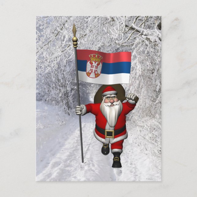 Santa Claus mit der Flagge Serbiens Postkarte (Vorderseite)