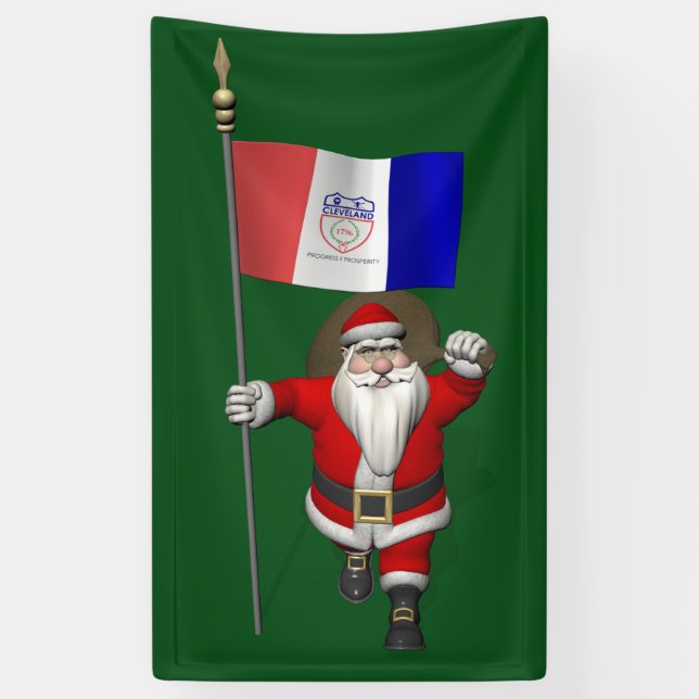 Santa Claus mit der Flagge von Cleveland Ohio Banner (Vertikal)