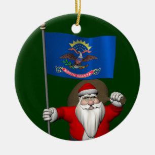 Santa Claus mit der Flagge von Nord-Dakota Keramik Ornament