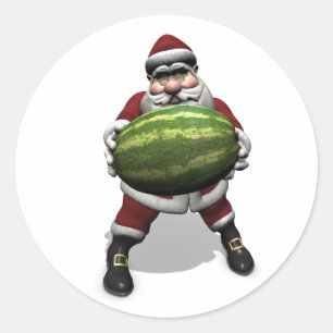 Santa Claus mit sehr großer Wassermelone Runder Aufkleber