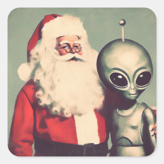 Santa Claus mit Space Alien Sci Fi Weihnachten Quadratischer Aufkleber (Vorderseite)