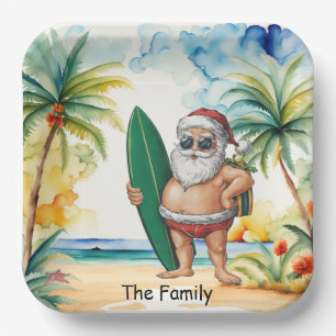 Santa Claus mit Surfbrett am Strand Weihnachten Pappteller