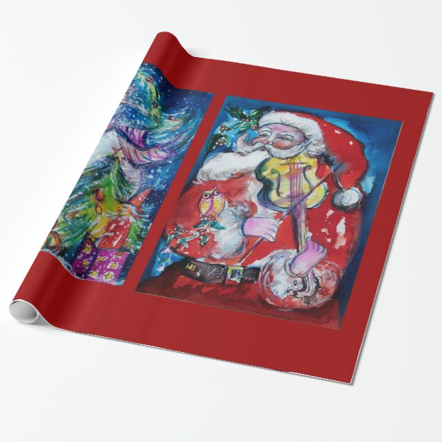 SANTA CLAUS MIT VIOLIN/SNOWMAN UND XMAS TREM GESCHENKPAPIER (Ungerollt)