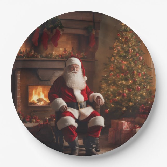 Santa Claus mit Weihnachtsbaum und Kamin Pappteller (Vorderseite)