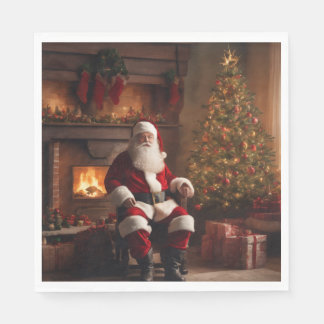 Santa Claus mit Weihnachtsbaum und Kamin Serviette