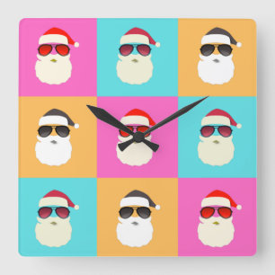 Santa Claus modern neon multicolor photo collage Quadratische Wanduhr