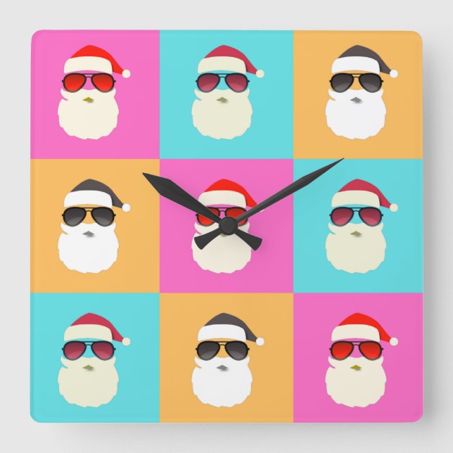 Santa Claus moderne neon multicolor Foto Collage Quadratische Wanduhr (Vorderseite)