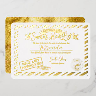 Santa Claus Nice List Certificate Custom Gold Folieneinladung