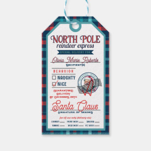Santa Claus North Pole Pink & Blue Karierte Weihna Geschenkanhänger