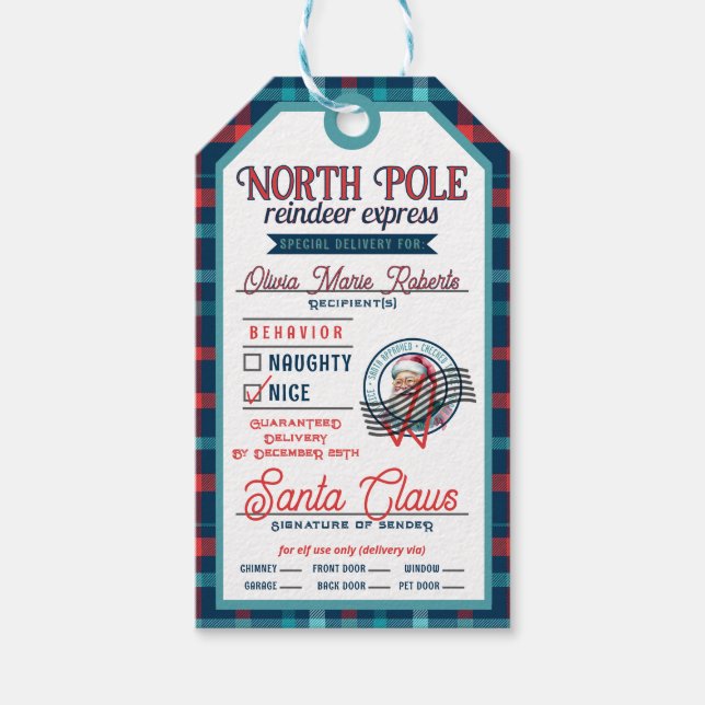 Santa Claus North Pole Pink & Blue Karierte Weihna Geschenkanhänger (Vorderseite)