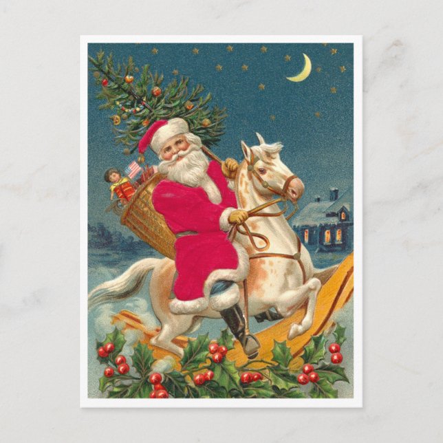 Santa Claus on a wooden horse Postkarte (Vorderseite)