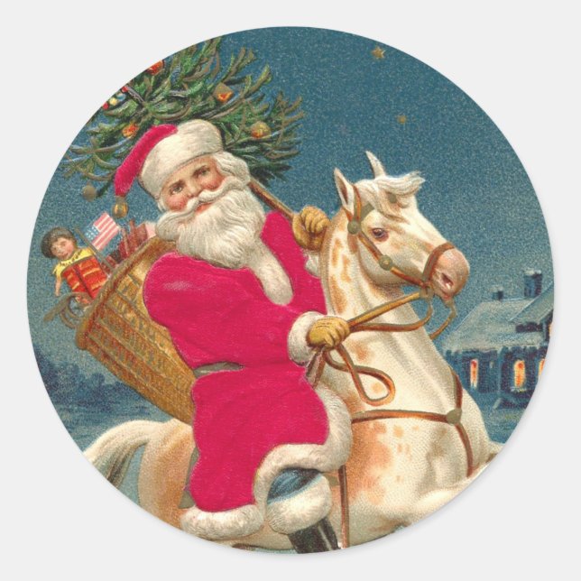 Santa Claus on a wooden horse Runder Aufkleber (Vorderseite)