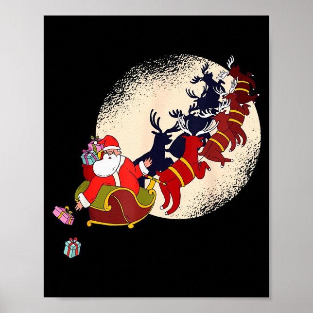 Santa Claus On Christmas Sleigh Pulled By Reindeer Poster (Vorne)