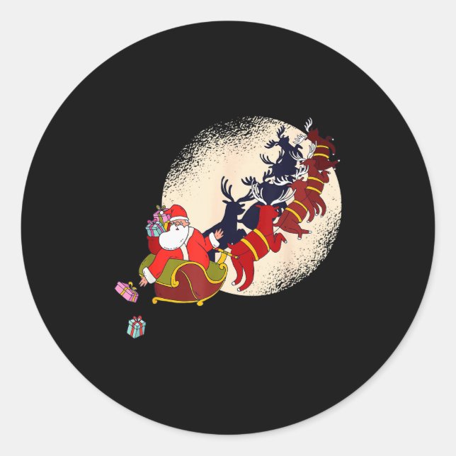 Santa Claus On Christmas Sleigh Pulled By Reindeer Runder Aufkleber (Vorderseite)