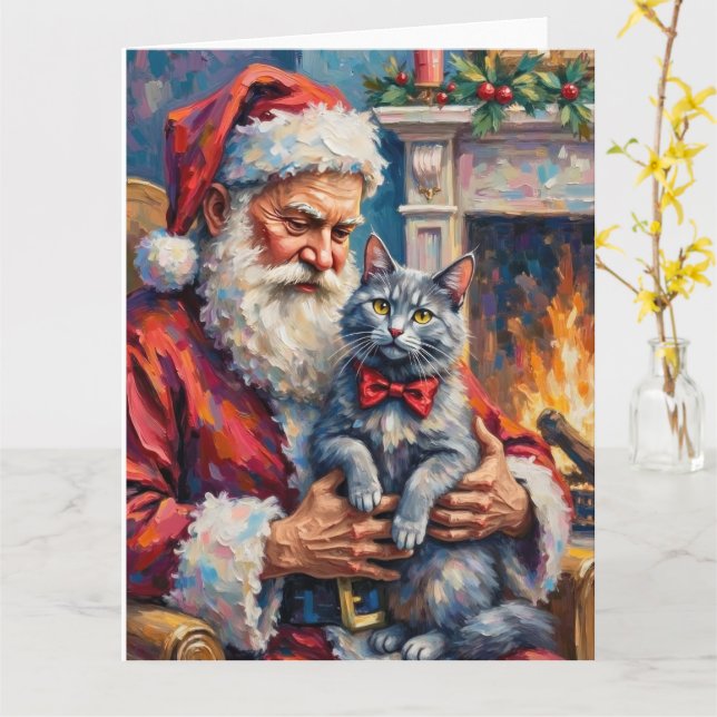 Santa Claus Oriental Blue Cat Christmas Art Karte (Gelbe Blume)