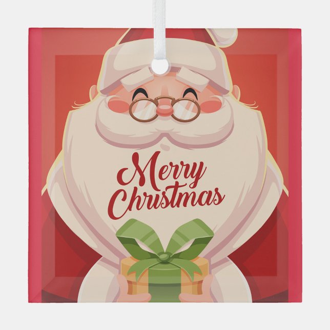 Santa Claus Ornament Aus Glas (Illustration of Santa Claus holding a gift with a green bow, set against a red background. )