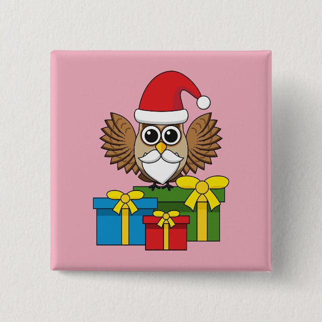 Santa Claus Owl mit Geschenken Button (Vorderseite)