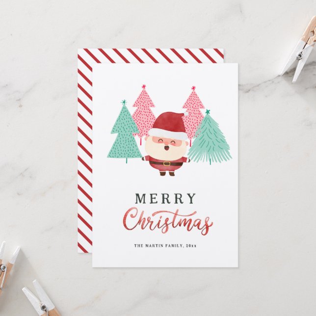 Santa Claus Pine Tree Weihnachtskarte Einladung (Vorderseite/Rückseite Beispiel)