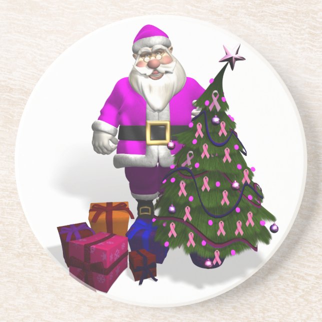 Santa Claus Pink Ribbons Sandstein Untersetzer (Vorne)