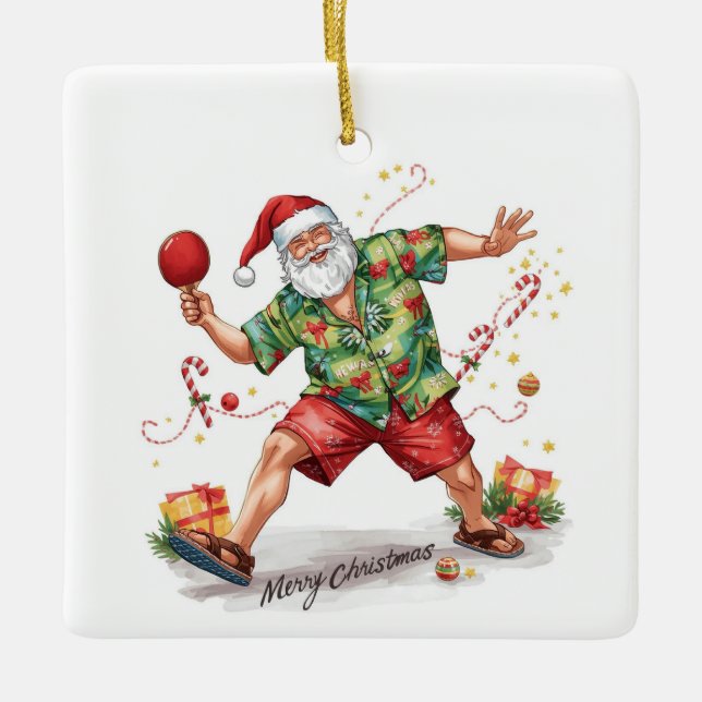 Santa Claus playing ping pong in a Hawaiian shirt Keramikornament (Vorderseite)