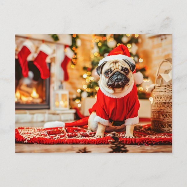 Santa Claus Pug with Christmas Tree Postkarte (Vorderseite)