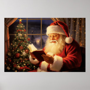Santa Claus Reading am Weihnachtsbaum Poster