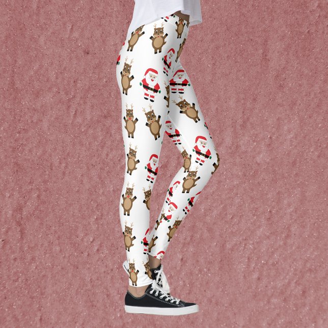 Santa Claus Red Anzug Rentier Weihnachtsmuster Leggings (A pair of leggings featuring a pattern of Santa in a red suit and reindeer.)
