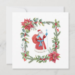 Santa Claus, Red Poinsettia und Holly Berry Feiertagskarte