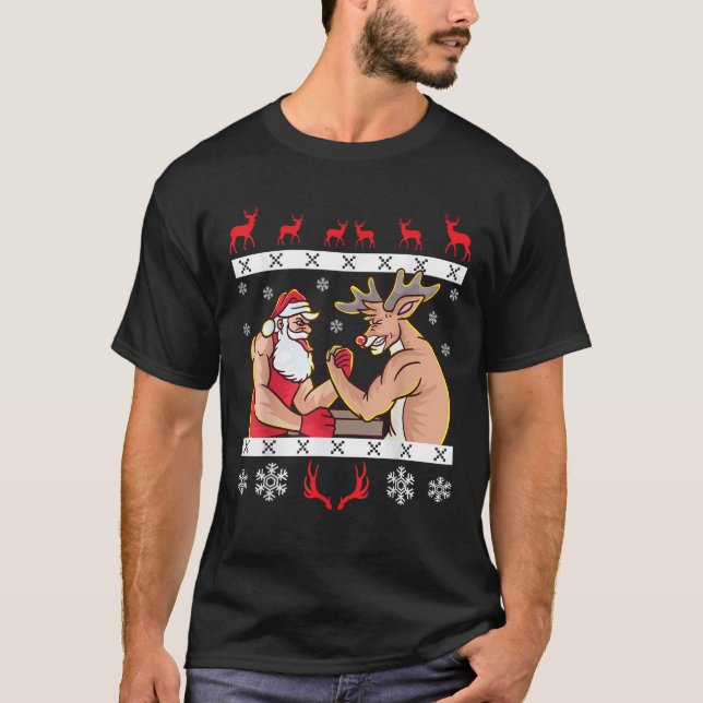 Santa Claus Reindeer Arm Wrestling Ugly Christmas T-Shirt (Vorderseite)