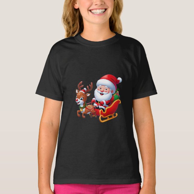 Santa Claus & Reindeer Cartoon Grafischer T - Shir T-Shirt (Vorderseite)
