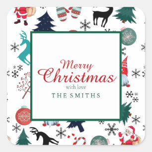 Santa Claus Reindeer Pine Trees Mittens Quadratischer Aufkleber